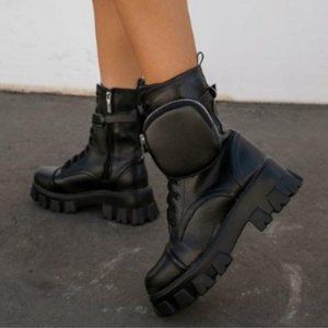 Lace Up Combat Boots With Removable Pouch in Black